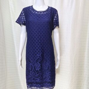Isaac Mizrahi Live QVC Shift Dress Floral Lace Overlay Women's M Royal Blue NWOT